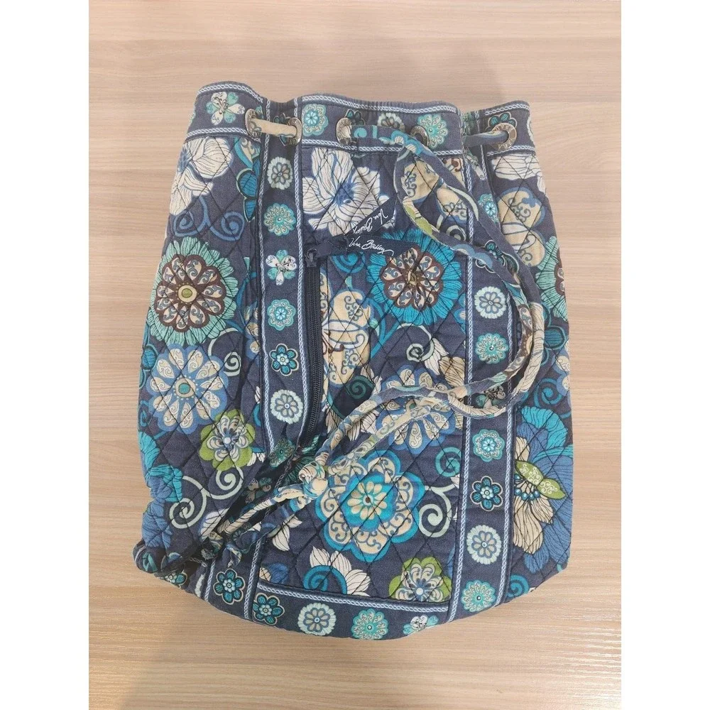 Vera Bradley Backpack Bag Large Mod Blue Floral 100% Quilted‎ Cotton Drawstring
